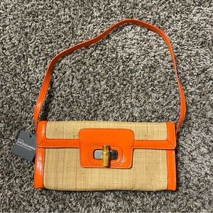 SR Squared by Sondra Roberts Purse Clutch Tan Straw Orange Toggle Bag Woven NWT